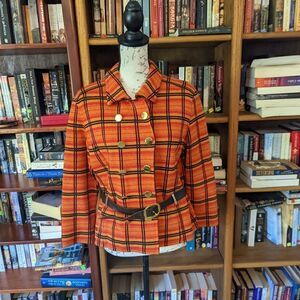 Joseph magnin 1960s orange plaid wool double breasted box cut jacket + belt euc